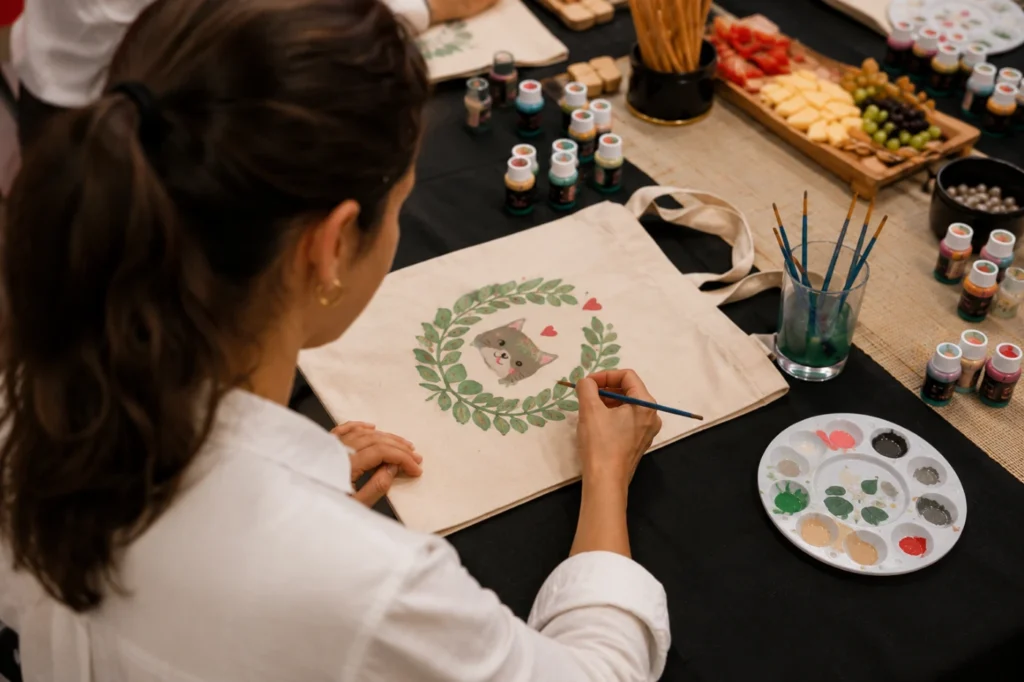 chica pintando una bolsa de tela con pinceles