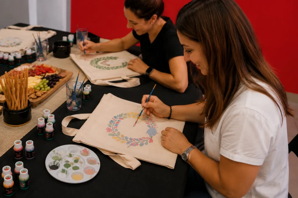 un grupo de chicas pintando una bolsa de tela con pinceles